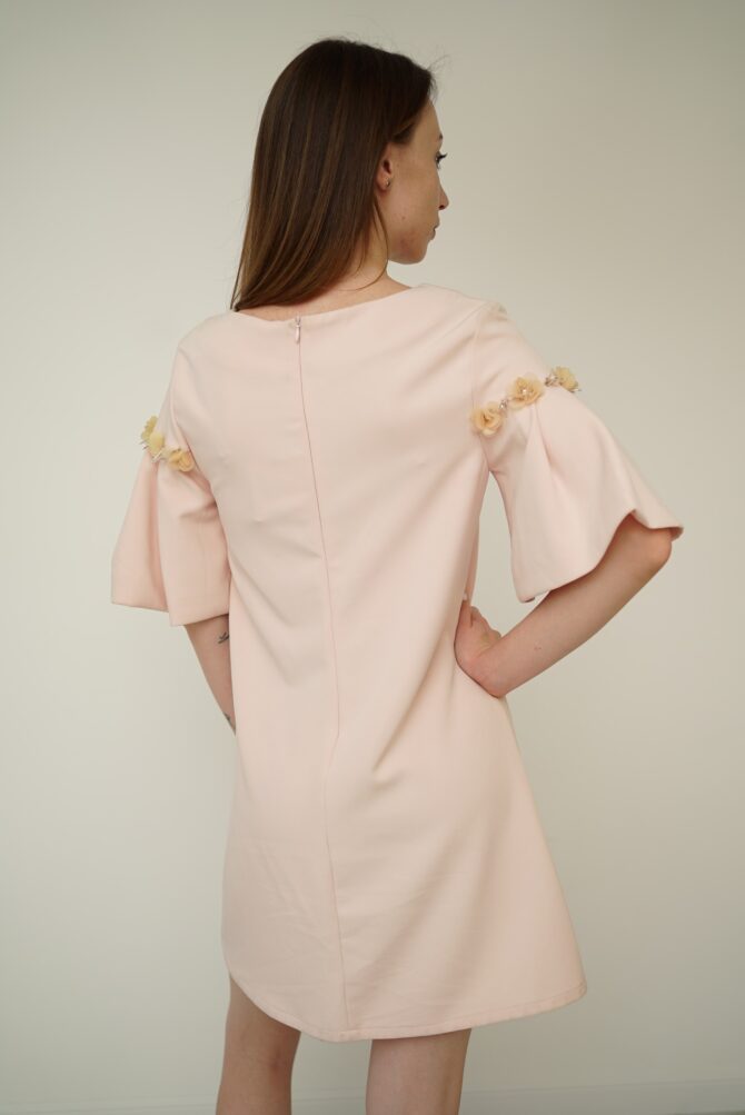 Light pink dress with roses on the sleeves