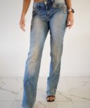 Light jeans with embroidery and rhinestones on the sides and pockets