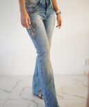 Light jeans with embroidery and rhinestones on the sides and pockets