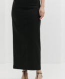 Long black linen pencil skirt with a slit at the back.