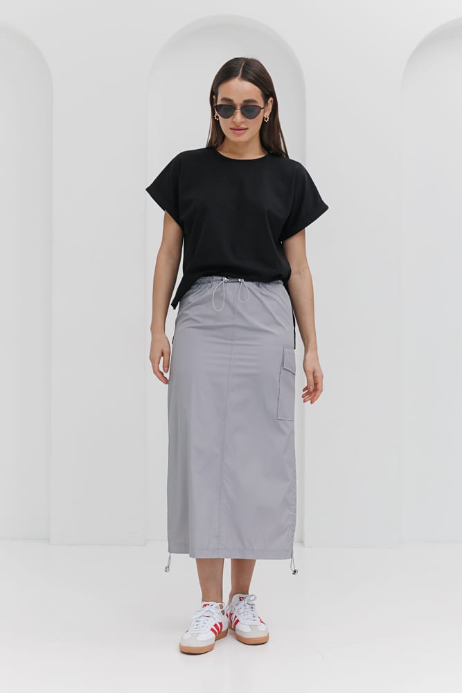 Gray raincoat midi skirt with a slit at the back