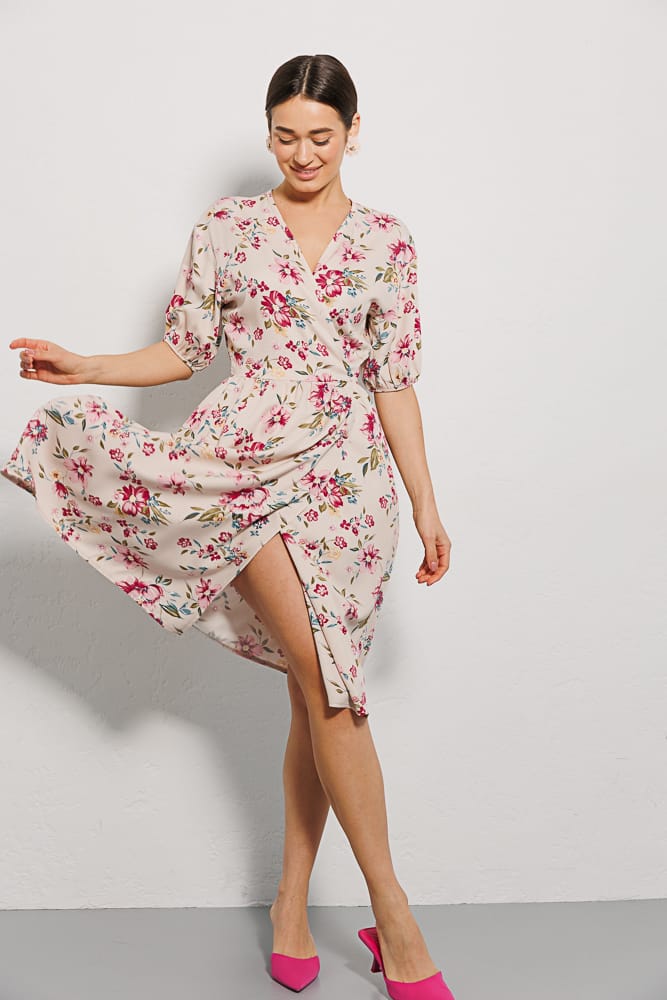 Light beige summer wrap dress with a floral pattern.