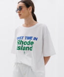 Women's milk oversized t-shirt with the print "First time in Rhode Island?"