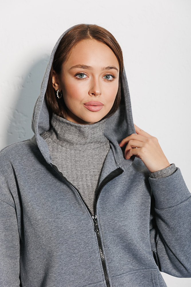 Women's oversize hoodie with a zipper gray with melange