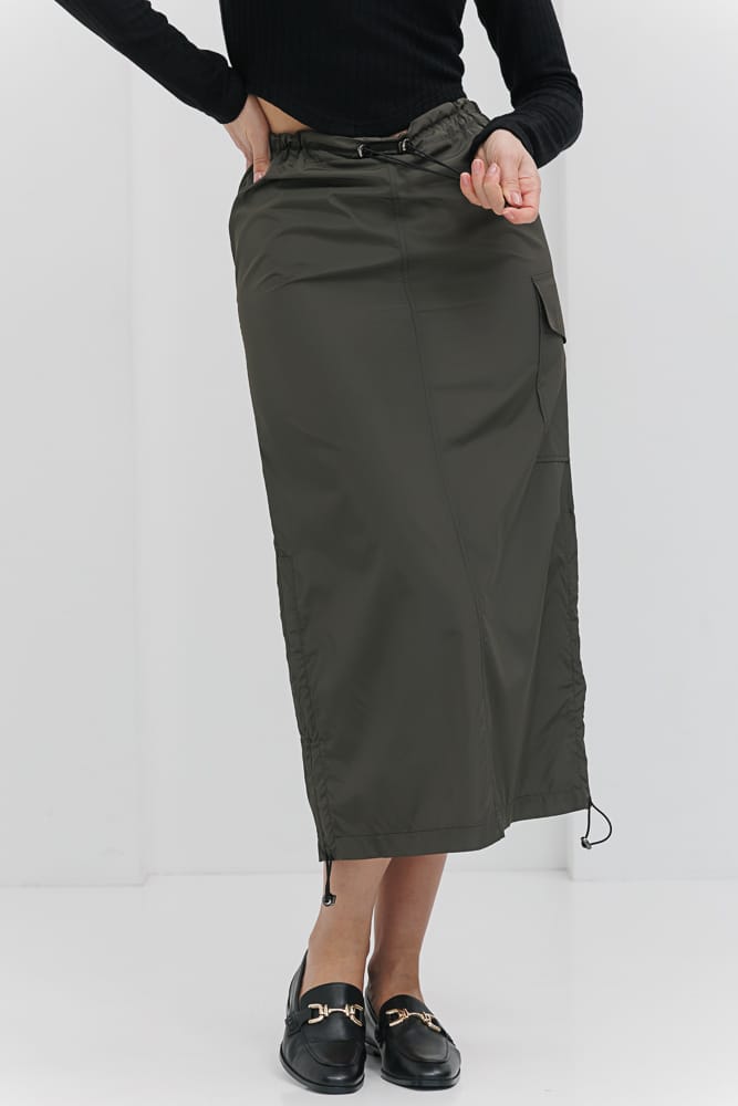 Khaki raincoat midi skirt with back slit