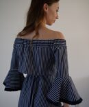 Dark blue white striped dress with a slit on the back