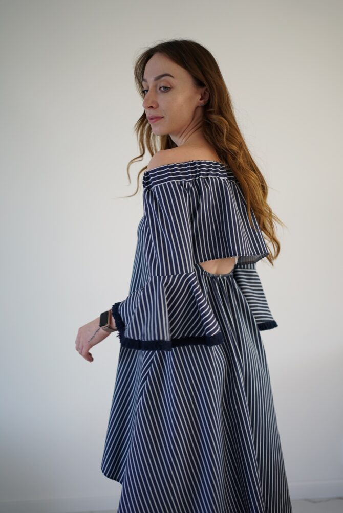 Dark blue white striped dress with a slit on the back