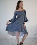 Dark blue white striped dress with a slit on the back