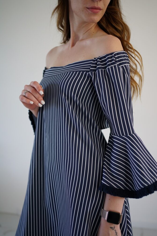 Dark blue white striped dress with a slit on the back