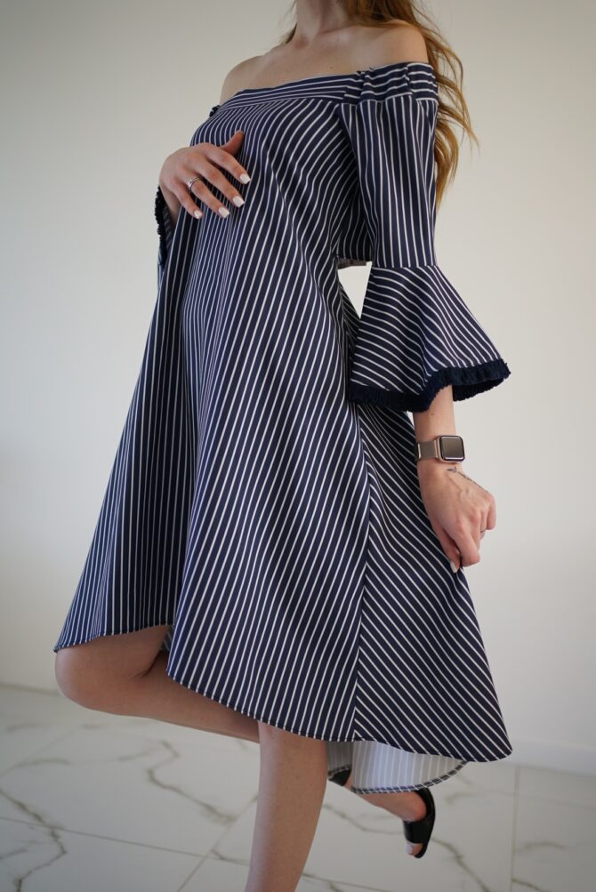 Dark blue white striped dress with a slit on the back