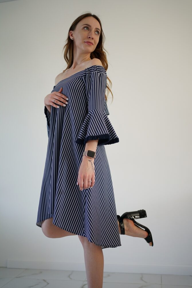 Dark blue white striped dress with a slit on the back