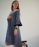 Dark blue white striped dress with a slit on the back