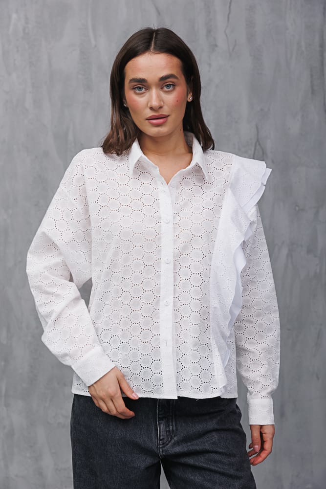 White blouse with ruffle on the side