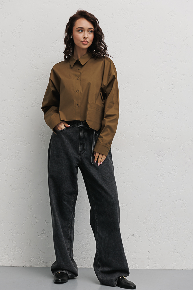 Khaki cropped women's shirt with a pocket at the bottom