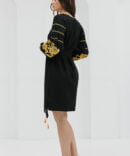 Black short embroidered dress with yellow cross-stitched roses on the sleeves.