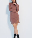 Short knitted dress in dark beige with a slit on the leg