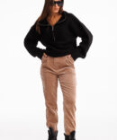 Women's corduroy trousers dark beige with an asymmetrical belt