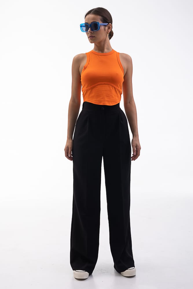 Cropped women's orange tank top with a seam under the bust