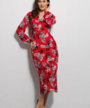 Midi dress with long sleeves red in flowers