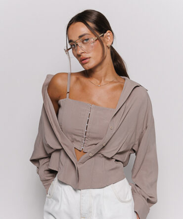 Women's dark beige shirt with an integrated top.