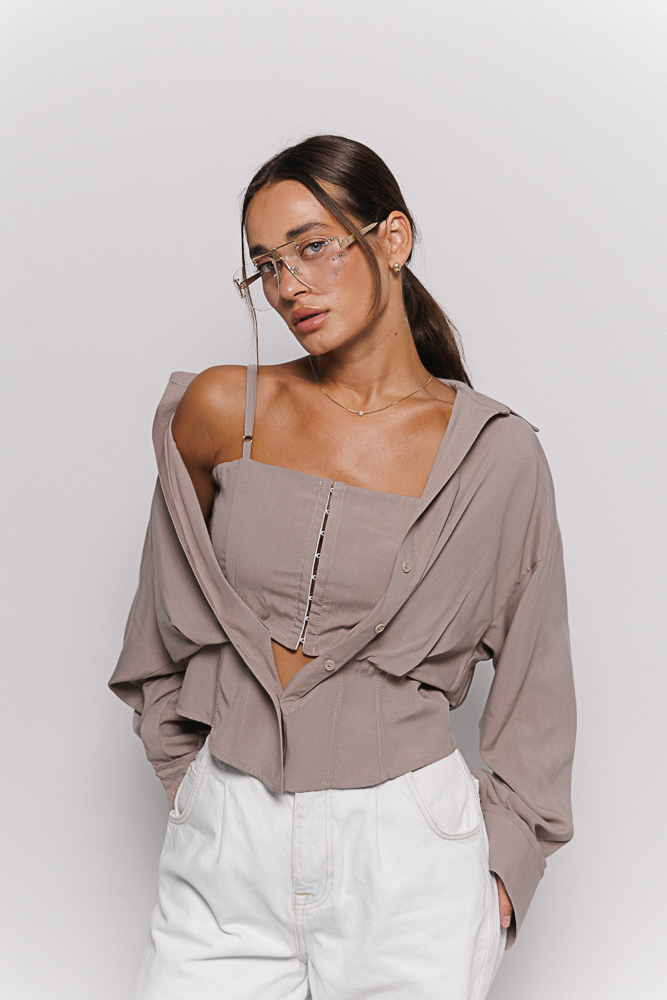 Women's dark beige shirt with an integrated top.