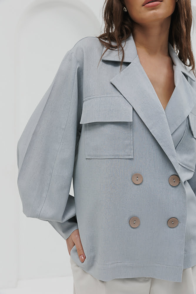 Women's linen jacket in gray with voluminous sleeves