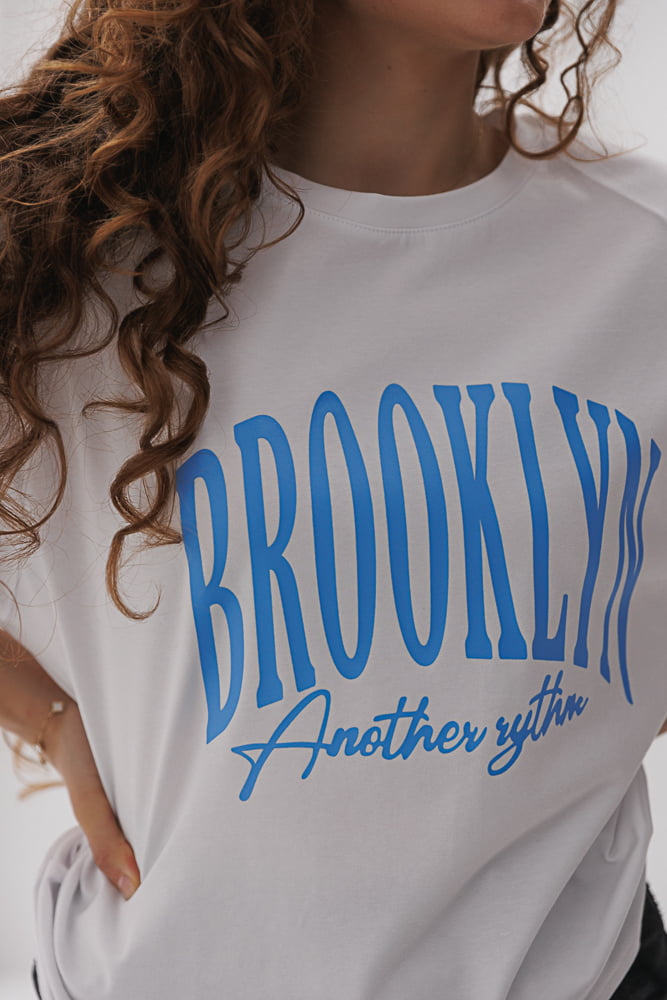 Women's oversized white T-shirt with blue Brooklyn print