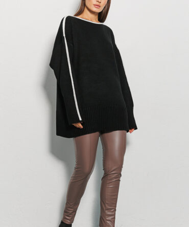 Women's knitted jumper oversize black with a white stripe on the sleeves