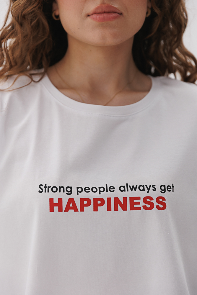 Жіноча футболка з написом Strong people always get happiness біла