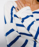 Women's knitted jumper with buttons on the sleeves milky striped denim