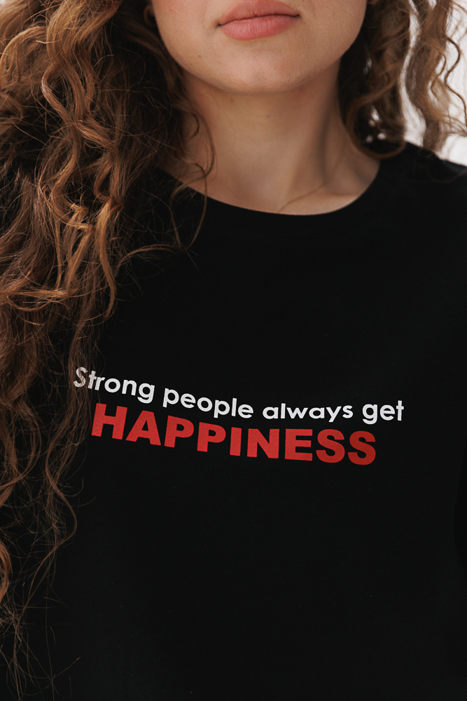 Жіноча футболка з написом Strong people always get happiness чорна