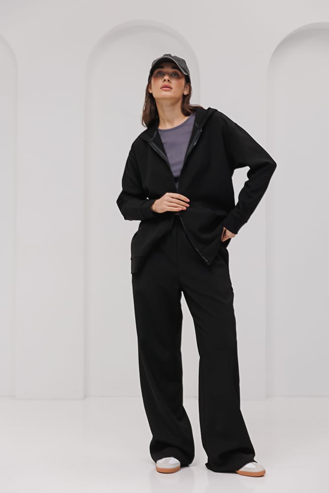 Women's tracksuit black with zip hoodie and straight pants