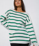 Women's knitted jumper with buttons on the sleeves, milky with light green stripes