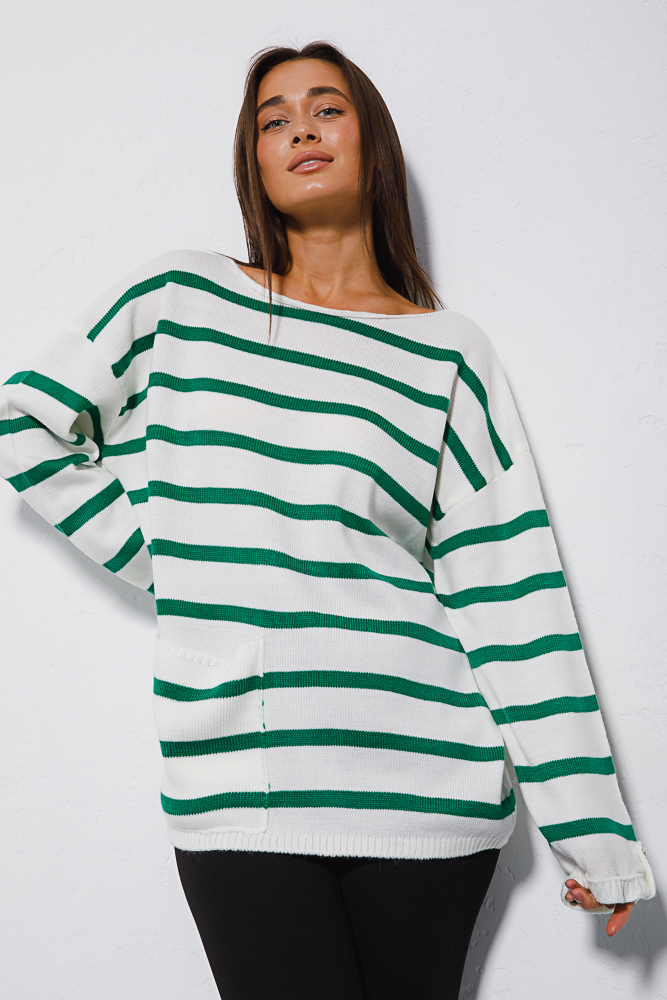 Women's knitted jumper with buttons on the sleeves, milky with light green stripes