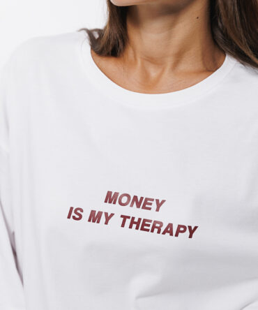 Жіночий лонгслів білий з принтом Money is my therapy