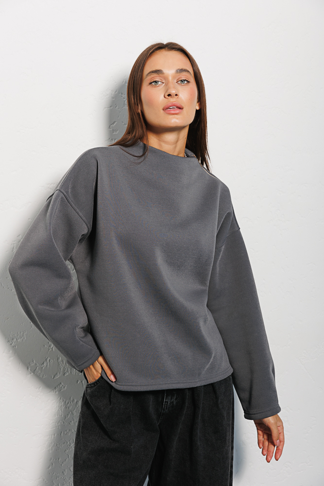 Women's warm gray sweatshirt with a zipper on the shoulder