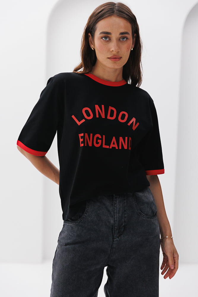 Women's T-shirt with the inscription London England black with red edging