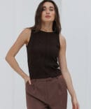 Pleated sleeveless top in dark chocolate color.