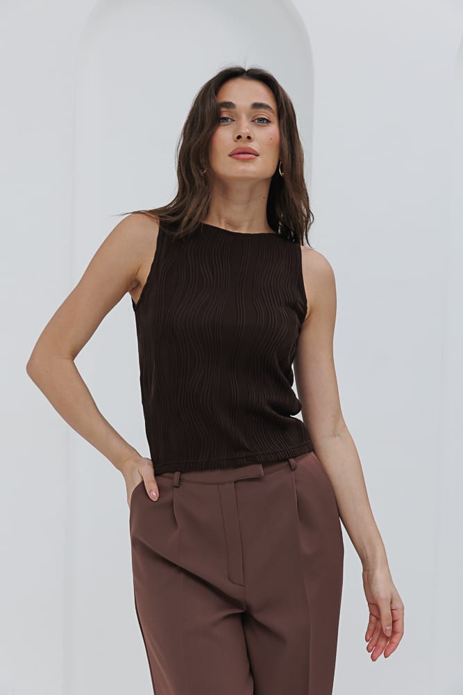 Pleated sleeveless top in dark chocolate color.