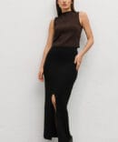 Short pleated sleeveless top in dark chocolate.