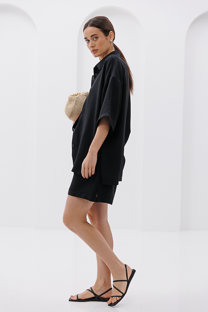 Summer women's suit with shorts and oversized shirt black