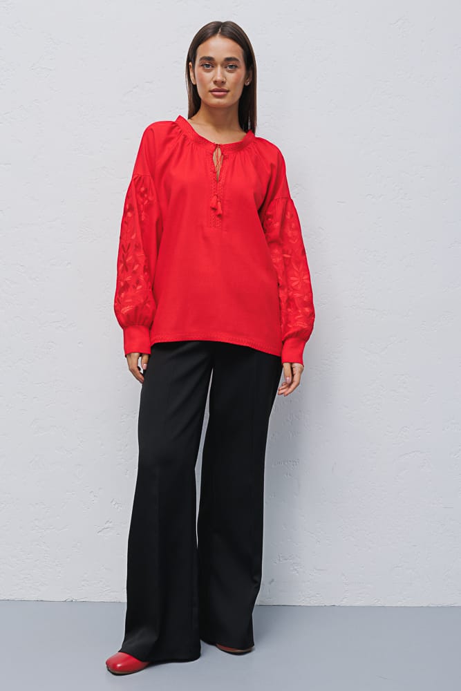 Women's red embroidered shirt with red flowers satin stitch on the sleeves