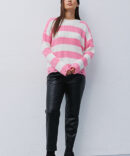 Knitted women's milky jumper with pink stripes with lowered loops at the bottom