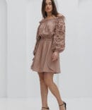 Embroidered dress with open shoulders in dark beige with floral satin stitch