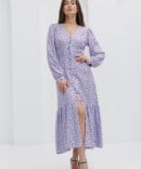 Lavender floral midi dress with buttons at the front.