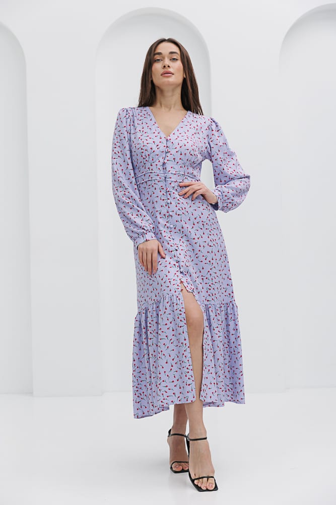 Lavender floral midi dress with buttons at the front.