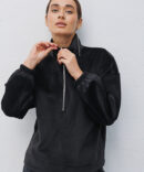 Women's velour sweatshirt black with zippered collar