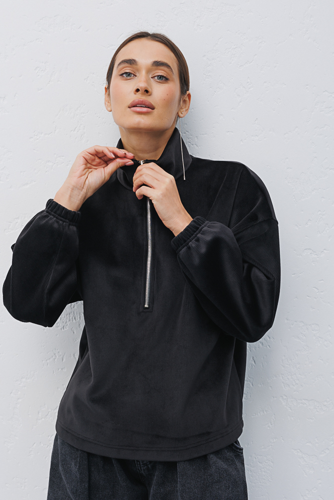 Women's velour sweatshirt black with zippered collar