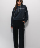 Women's graphite hoodie with white piping.