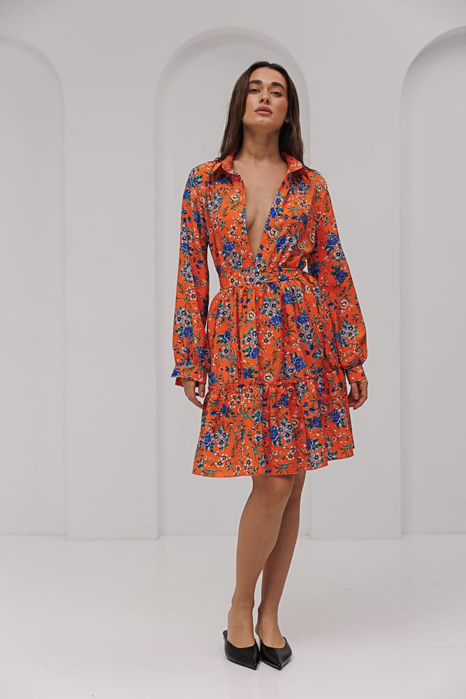 Short floral dress orange with long sleeves